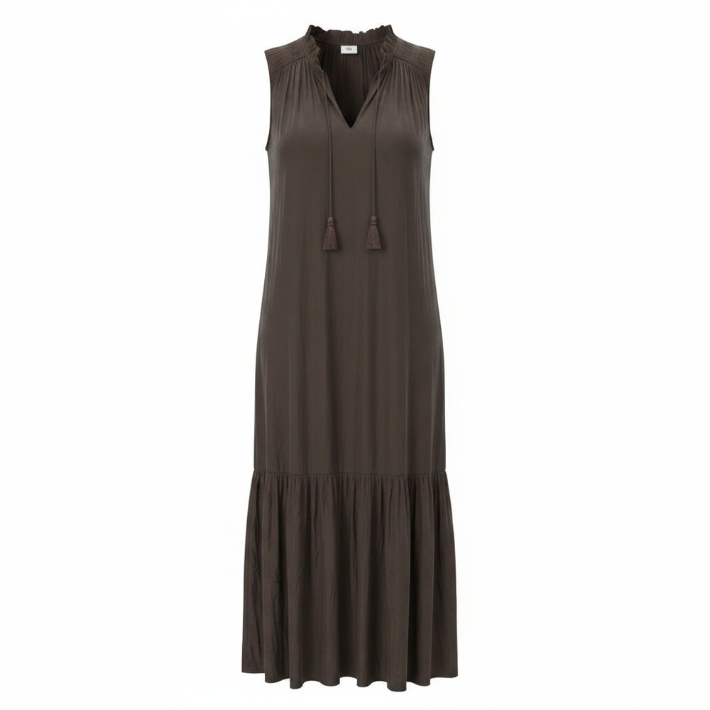 Chicos Espresso Brown Sleeveless Tiered‎ Maxi Dress Tassel Tie Neck Size 00 XS